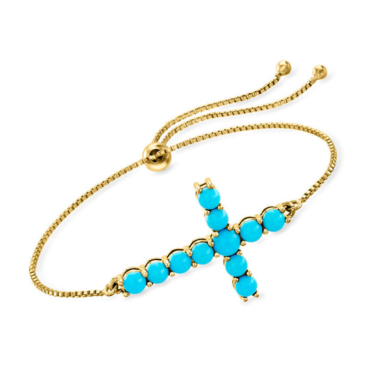 Gold Plated Sleeping Beauty Turquoise Cross Adjustable Bolo Bracelet