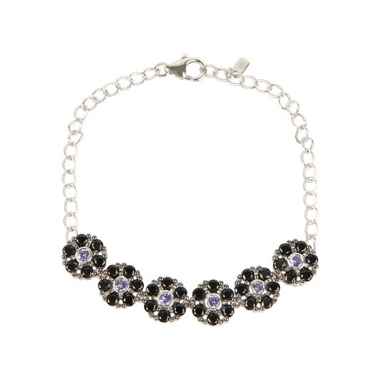 Gem Treasures Sterling Silver Black Spinel & Tanzanite Pinwheel Cluster Line Bracelet