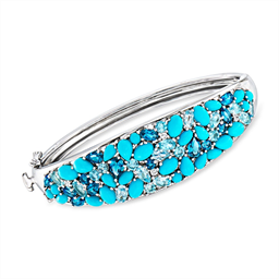 Sterling Silver Sleeping Beauty Turquoise & Colors of Blue Topaz Cluster Cuff Bracelet
