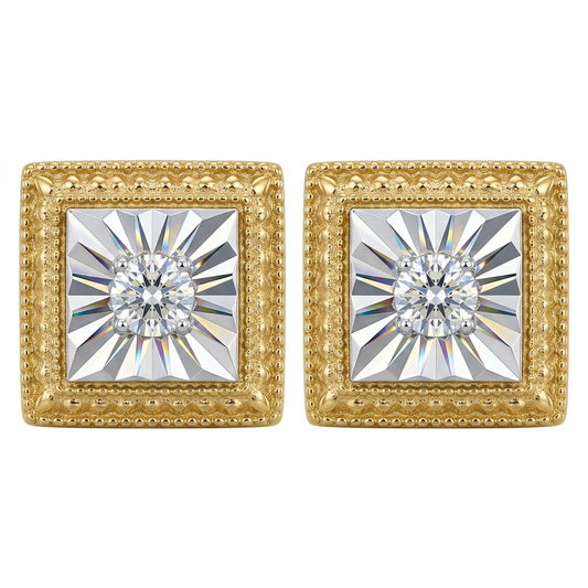 Gold Plated 0.10ctw Diamond Illusion Set Beaded Halo Square Stud Earrings