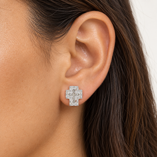 Sterling Silver Diamond Accented Cross Stud Earrings
