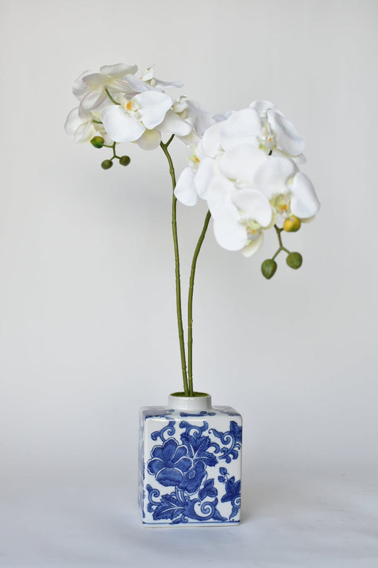House of JSD 20" Faux Phalaenopsis Orchid in Blue & White Container