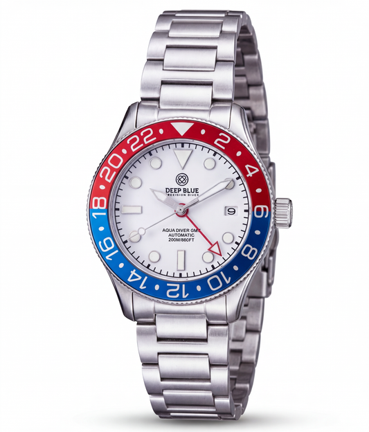 Silver watch with a red and blue bezel on a white background