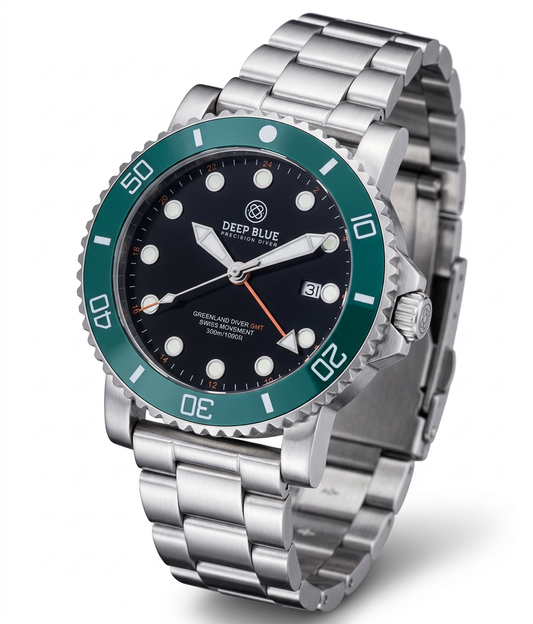 Silver watch with a green bezel and black dial on a white background