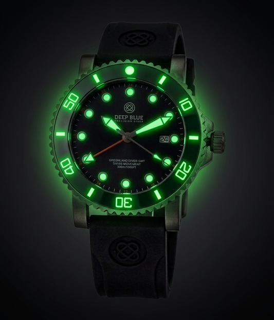 Glowing green watch with black strap on a dark background