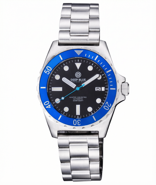 Deep Blue watch with blue accents and lume dial