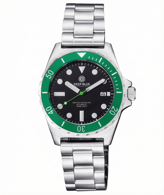 Deep Blue silver watch with green accents and a lume dial