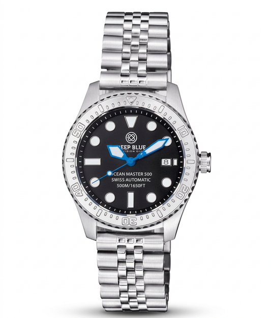 Deep Blue watch with a silver bracelet and blue accents