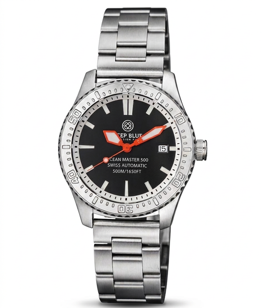Silver watch with black dial and red accents on a white background