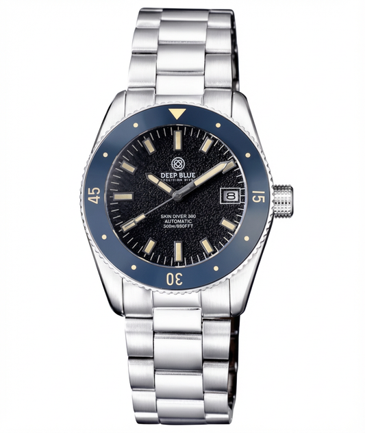 Silver watch with a blue bezel and black face on a white background