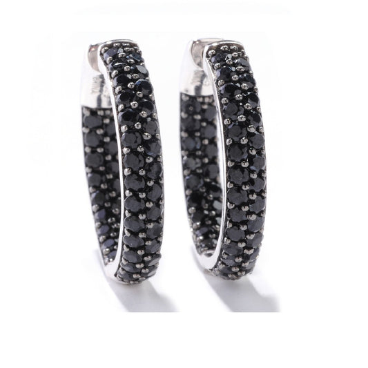 Gem Treasures Sterling Silver Black Spinel Double Row Inside-Out Hoop Earrings