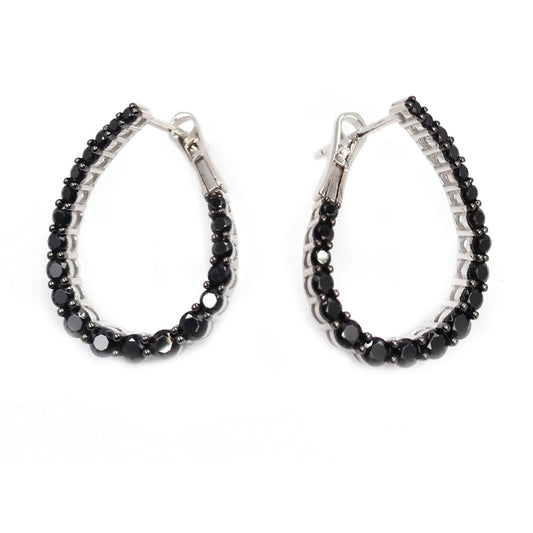 Gem Treasures Sterling Silver Black Spinel Teardrop Forward-Facing Hoop Earrings