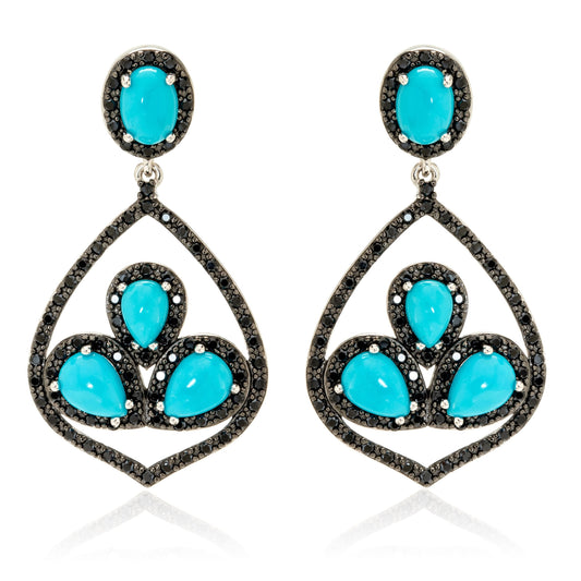Sterling Silver Pear-Shaped Sleeping Beauty Turq & Black Spinel Flower Motif Drop Earrings