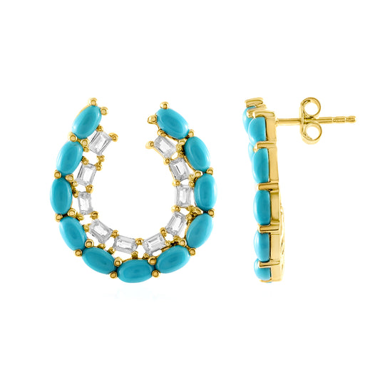 Gold Plated Sleeping Beauty Turq & Baguette White Topaz Forward Facing Hoop Earrings