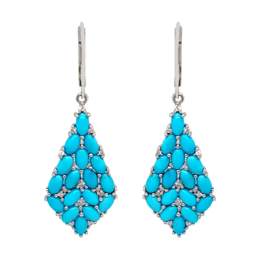 Sterling Silver Sleeping Beauty Turquoise & White Zircon Cluster Kite-Shaped Drop Earrings