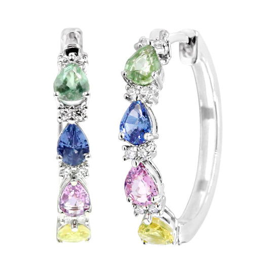 Gilded Lane 14K Gold 4x3mm Pear-Shaped Multi-Sapphire & Diamond Hoop Earrings