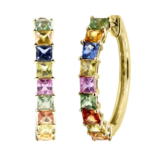 Gilded Lane 14K Gold 2.5mm Square-Cut Multi-Sapphire Hoop Earrings