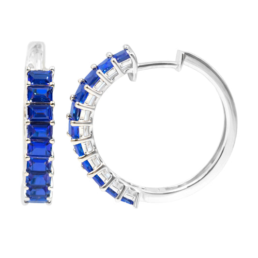 Gilded Lane 14K Gold 3x2mm Baguette Ceylon Blue Sapphire Hoop Earrings