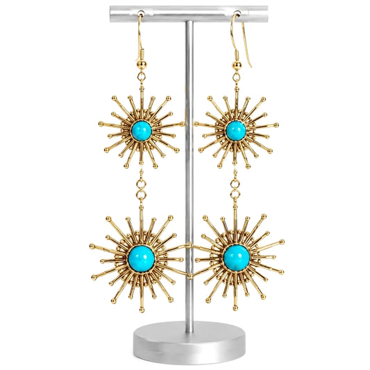 Sterling Silver Sleeping Beauty Turquoise Starbust Graduated Dangle Earrings