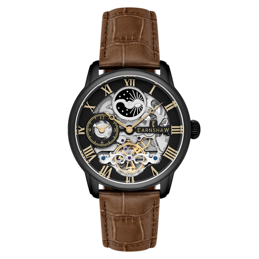Thomas Earnshaw Men's 44mm Longitude Automatic Moonphase Skeletonized Leather Strap Watch