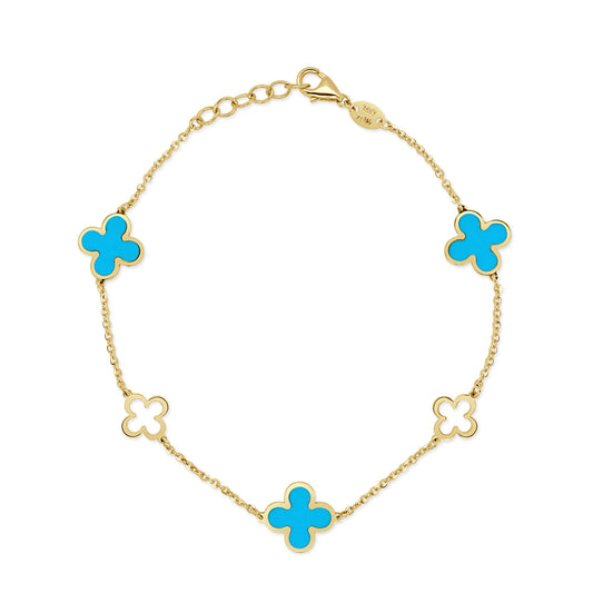 14K Italian Gold 5-Station Turquoise Clover Bracelet
