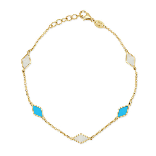14K Italian Gold Turquoise & Mother-of-Pearl Diamond-Shaped Alternating Station Bracelet