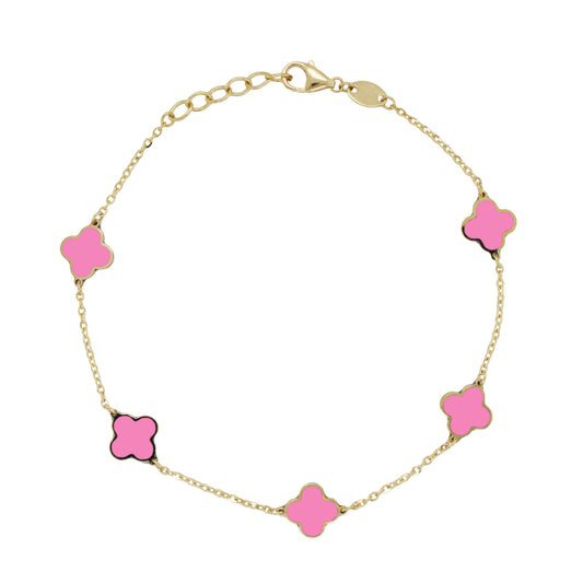14K Italian Gold Gemstone Clover 7" Bracelet