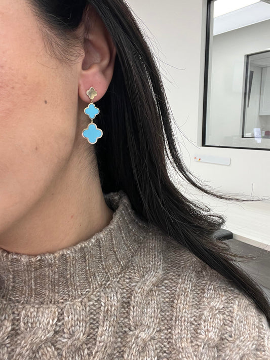 14K Italian Gold Turquoise Clover Graduated Drop Earrings