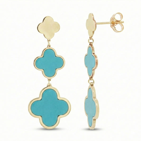 14K Italian Gold Turquoise Clover Graduated Drop Earrings