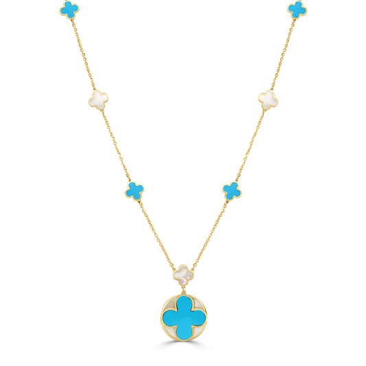 14K Italian Gold Turquoise Clover Mother-of-Pearl Inlay Station Necklace