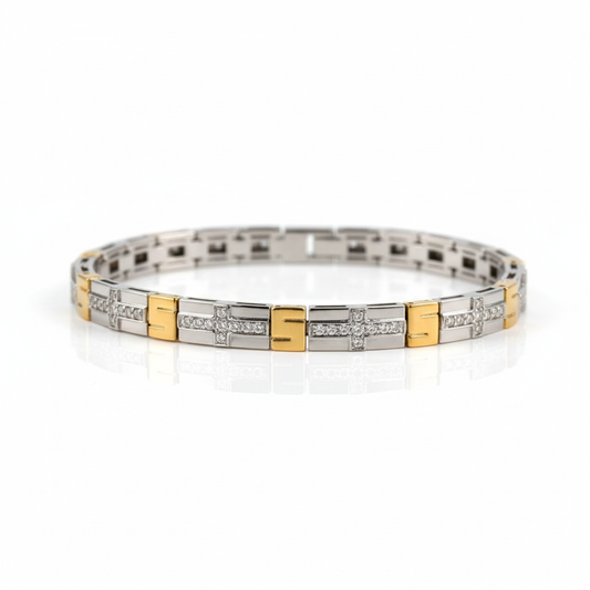 Two-tone bracelet with diamond accents on a white background