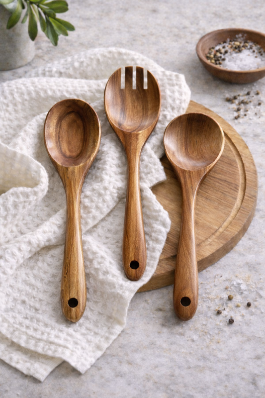 Busa Designs Tulum Teak Wooden Salad 3 Piece Serving Set