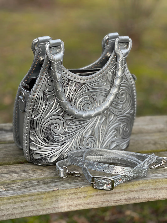 ALLE Handbags Luna Mini Hand-Tooled Leather Mini Hobo & Crossbody Bag
