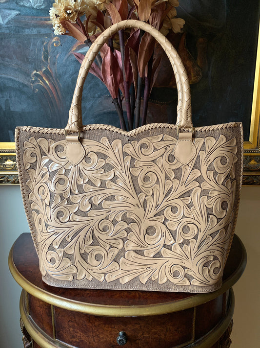 ALLE Handbags Ibiza Hand Tooled Leather Extra Large Tote Travel Bag