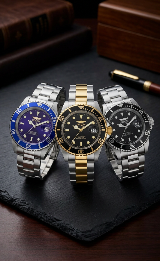 Three watches with different colored faces and metal bands on a dark surface.