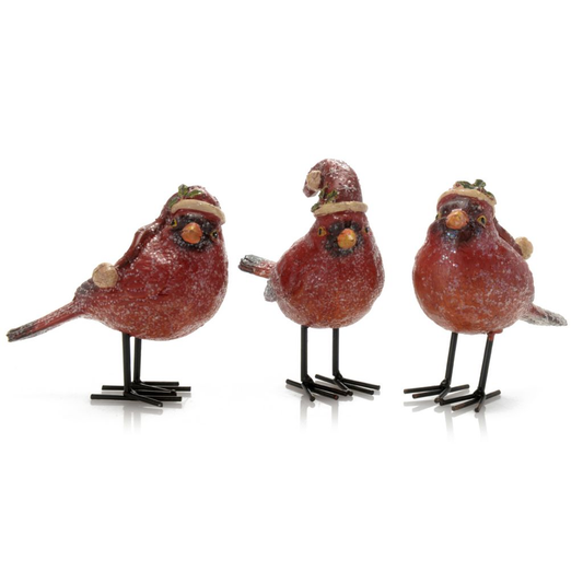 At Home Set of 3 Assorted Glitter Cardinals with Santa Hats