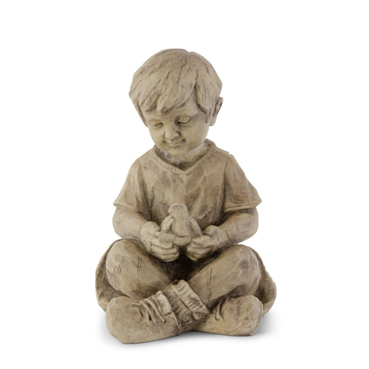 9" Tan Resin Boy w/ Turtle Garden Statue