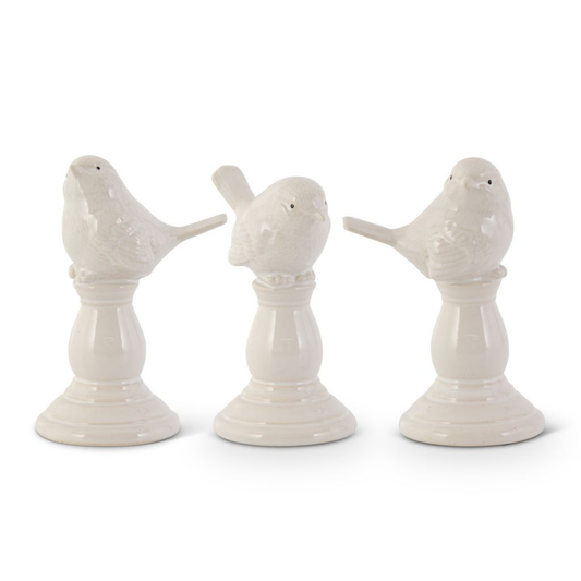 Set of 3 Assorted Cream Ceramic Birds on Pedestal