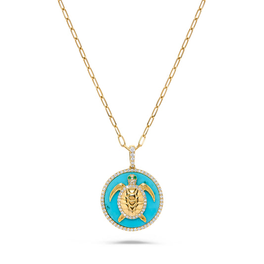 Luxury by Leonardo 14K Gold Turquoise & Diamond Turtle Medallion Pendant with Chain
