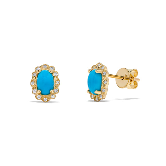 Luxury by Leonardo 14K Gold Turquoise & Diamond Milgrain Halo Stud Earrings