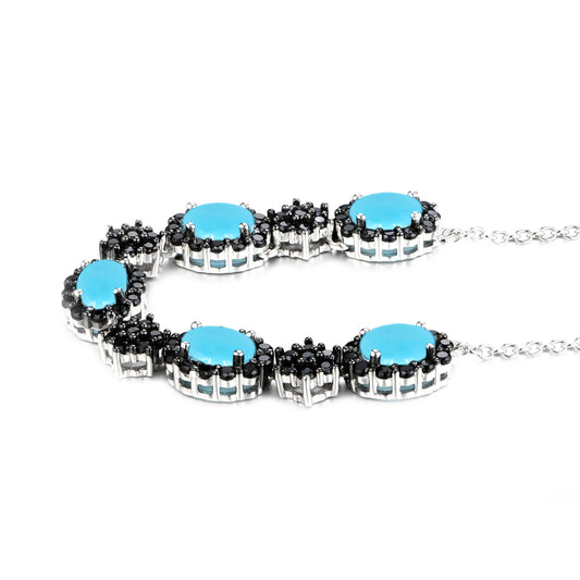 Sterling Silver 6x4mm Sleeping Beauty Turq & Black Spinel Line Necklace