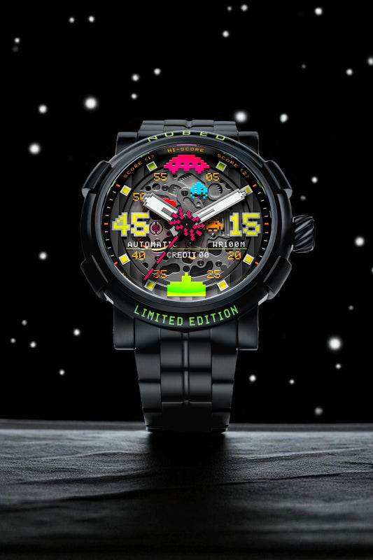 Black wristwatch with colorful display on a dark background