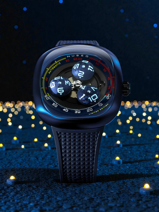 Nubeo Men's 46mm Tri-Star Orbit Automatic Lmt Ed Oval Monochromatic Rubber Strap Watch