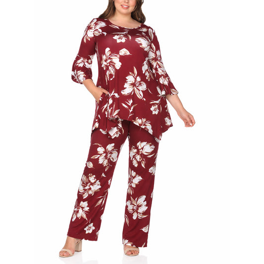White Mark Women's Plus Size Floral Tunic Top & Wide-Leg Pant Set