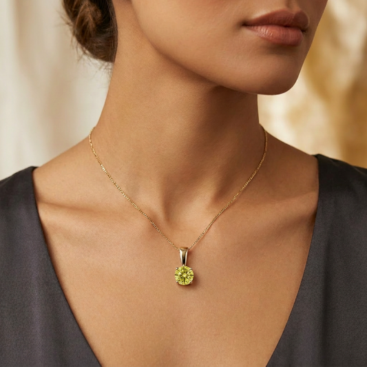 2ctw fancy yellow lab-grown diamond pendant on a female model