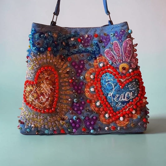 ALLE Handbags Hand-Painted & Hand-Embroidered Denim Tote Bag
