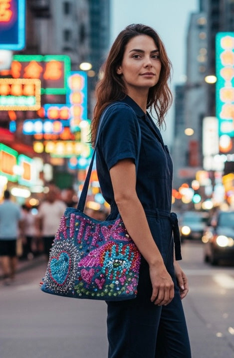 ALLE Handbags Hand-Painted & Hand-Embroidered Denim Tote Bag