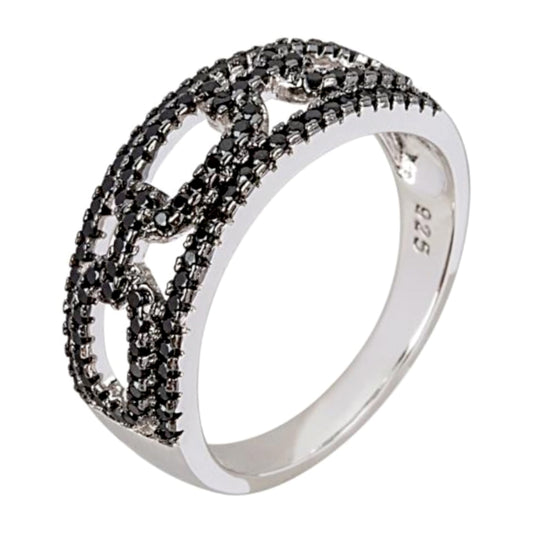 Gem Treasures Sterling Silver Black Spinel Encrusted Link Ring
