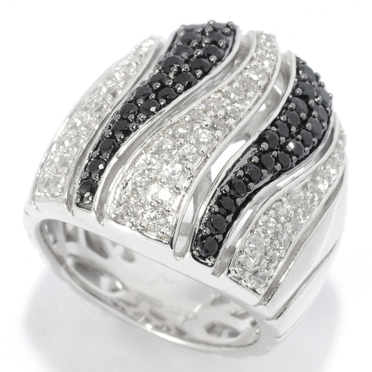 Gem Treasures Sterling Silver Black Spinel & White Zircon Tiger Striped Wide Band Ring