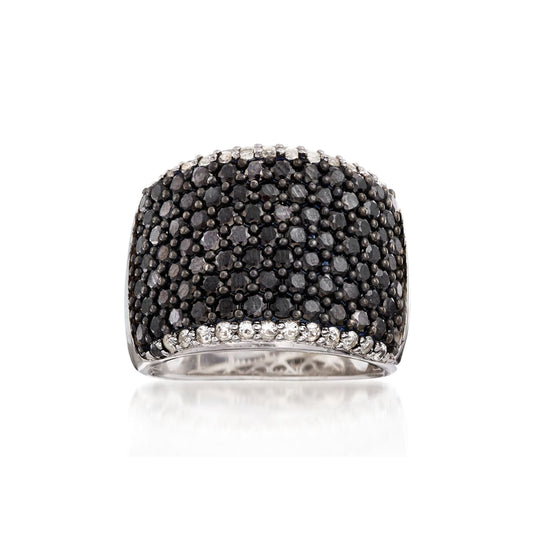 Gem Treasures Sterling Silver Black Spinel Pave Wide Band White Topaz Frame Ring